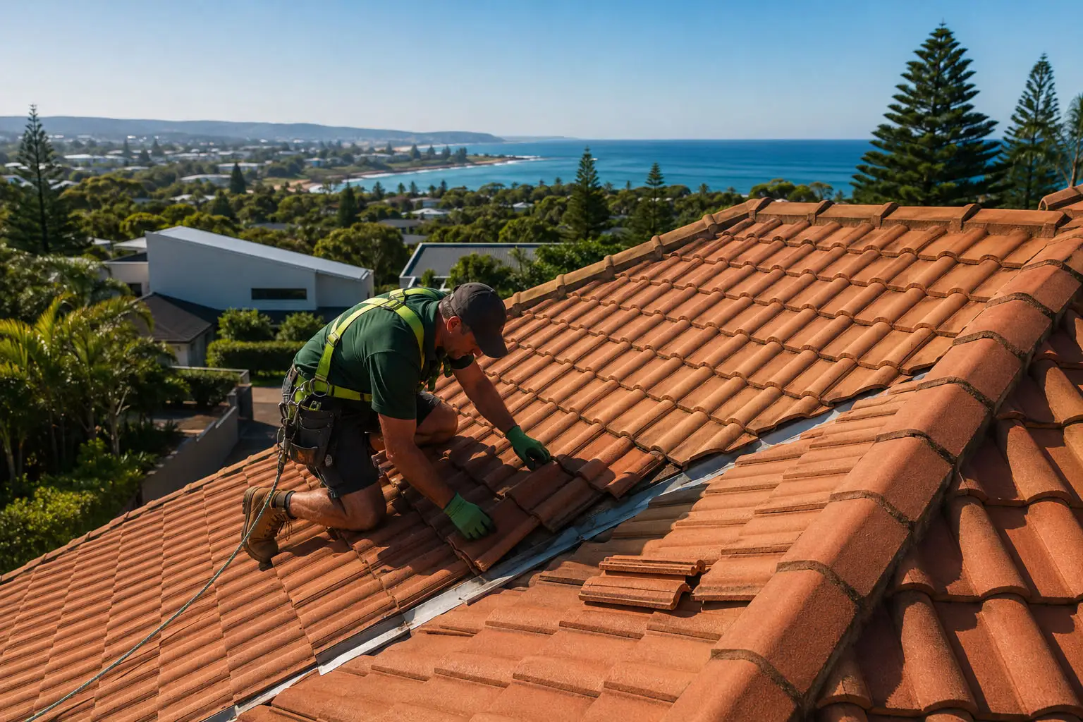 Roofer repairing a terracotta tiled roof in Shellharbour