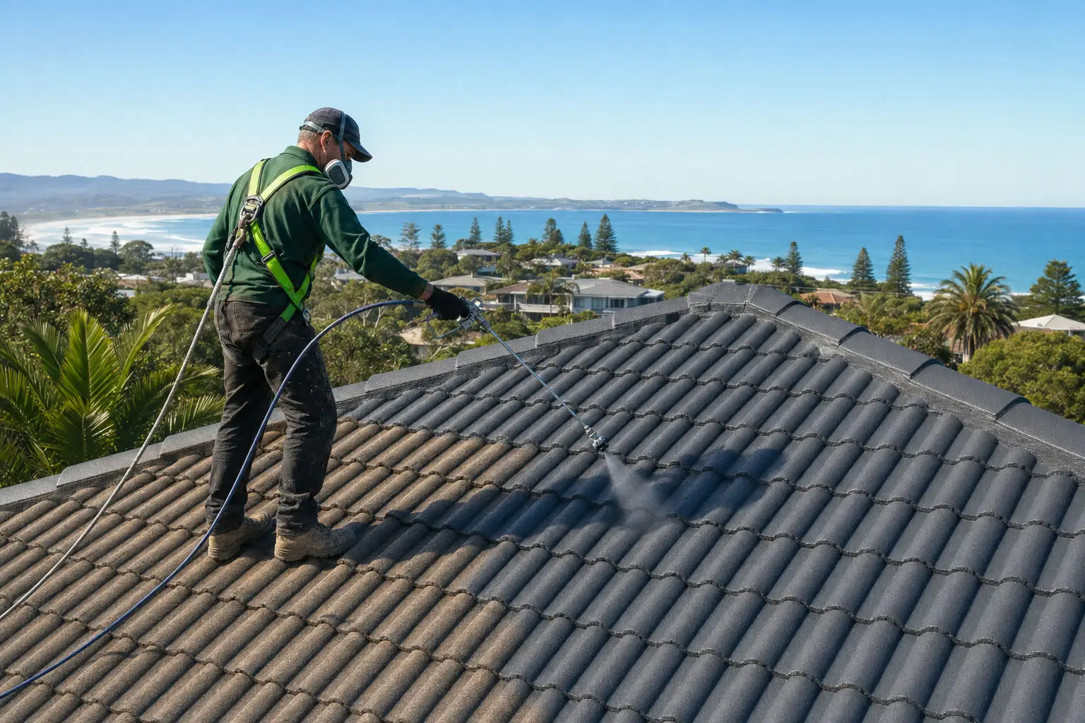 Tile Roof Restoration Shellharbour Roofer carrying out restoration work on a tiled roof overlooking the Shellharbour coast