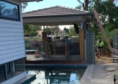 tile roofing installed over a residential outdoor entertaining area