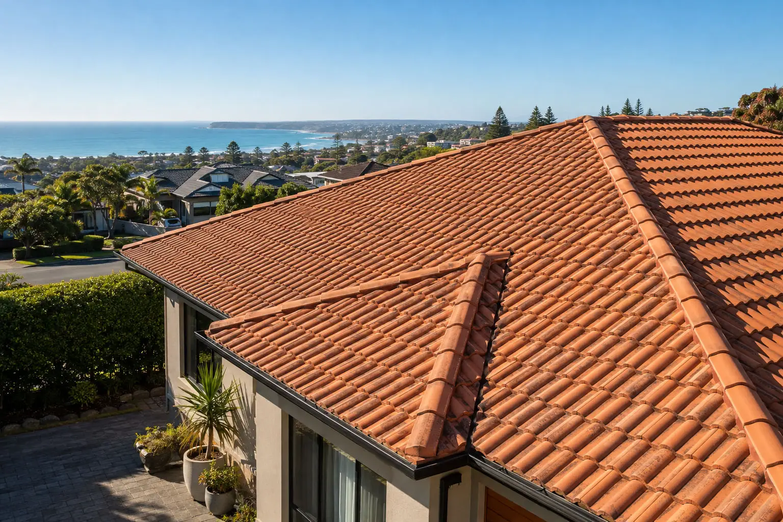 Completed terracotta tiled roof on a residential property